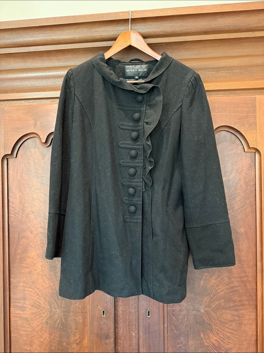 Antonio Melani Black Ruffle-Front Wool Pea Coat Size 12